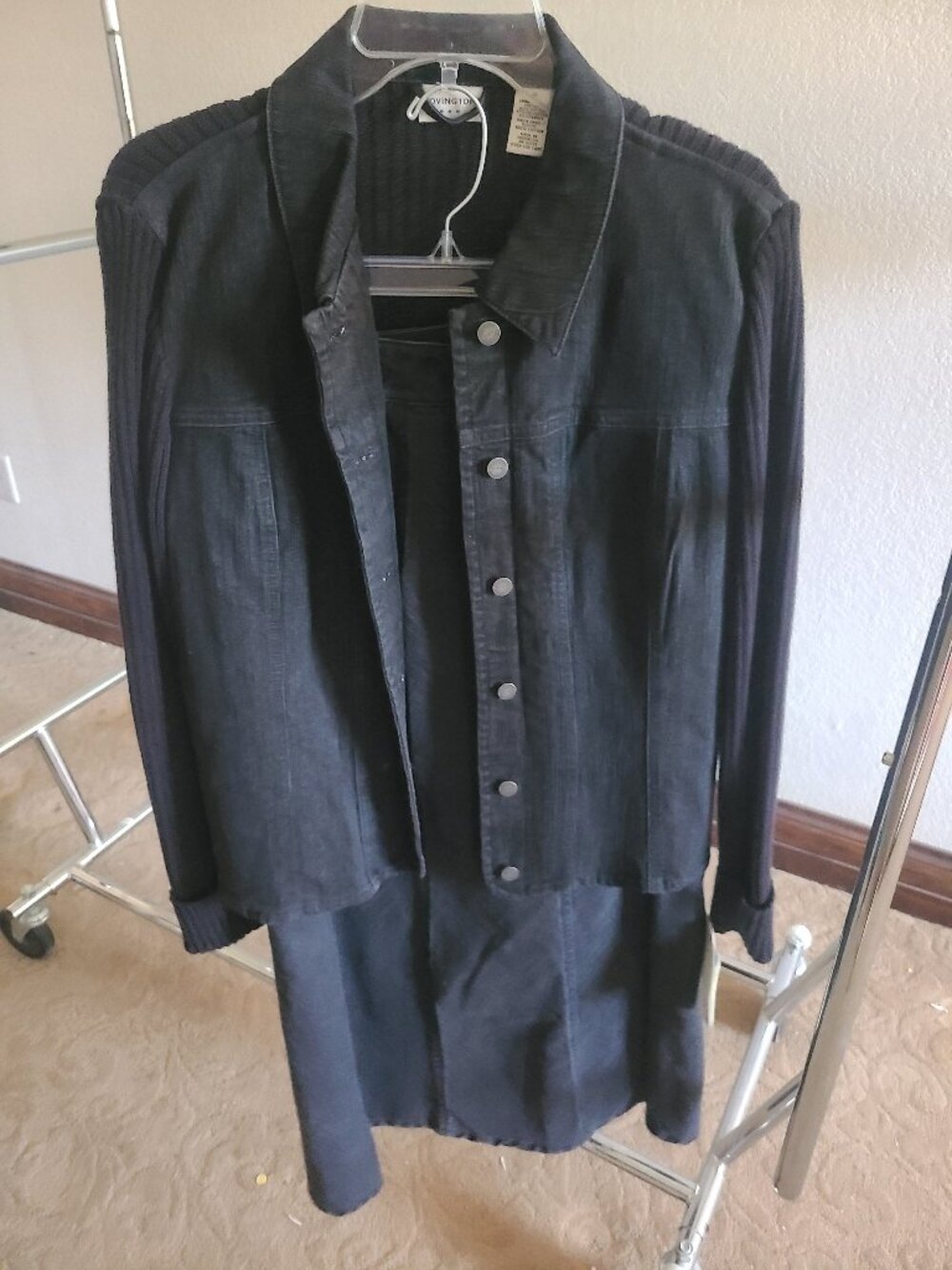 Covington Ebony Black Denim & Ribbed Knit Sweater Jacket + Skirt Set NWT